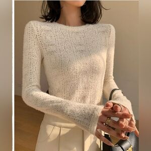Floral Hollow Knit Crew Neck Long Sleeve Top